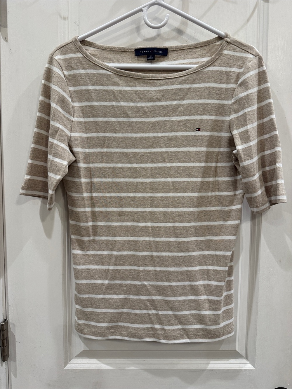 Tommy Hilfiger Beige and White Striped Short Sleeve Boatneck Tee